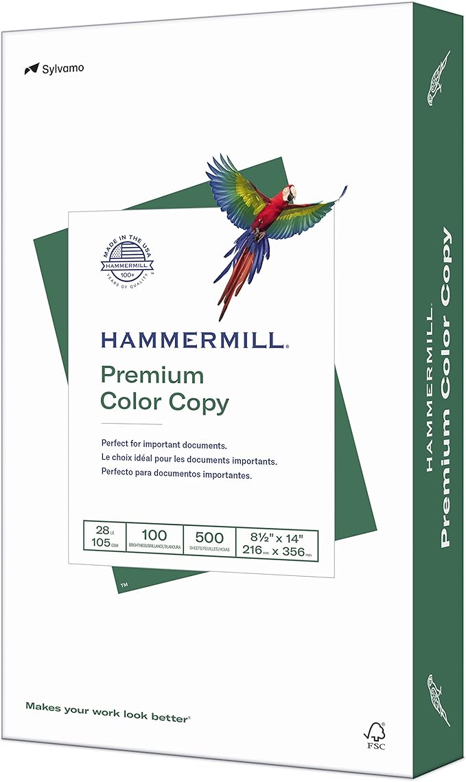 Hammermill Printer Paper, Premium Color 28 lb Copy Paper, 8.5 x 14-1 Ream (500 Sheets) - 100 Bright, Made in the USA