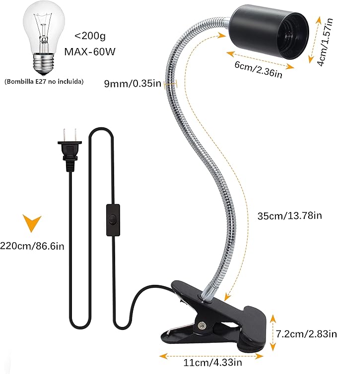 Clip Desk Lamp Socket 2 Pack Flexible Gooseneck Lamp Stand Clip-On with Switch Plugs Clip on Light with Flexible Neck Portable Clip on Light Metal Clip Holder Desk Study Clamp Lamp