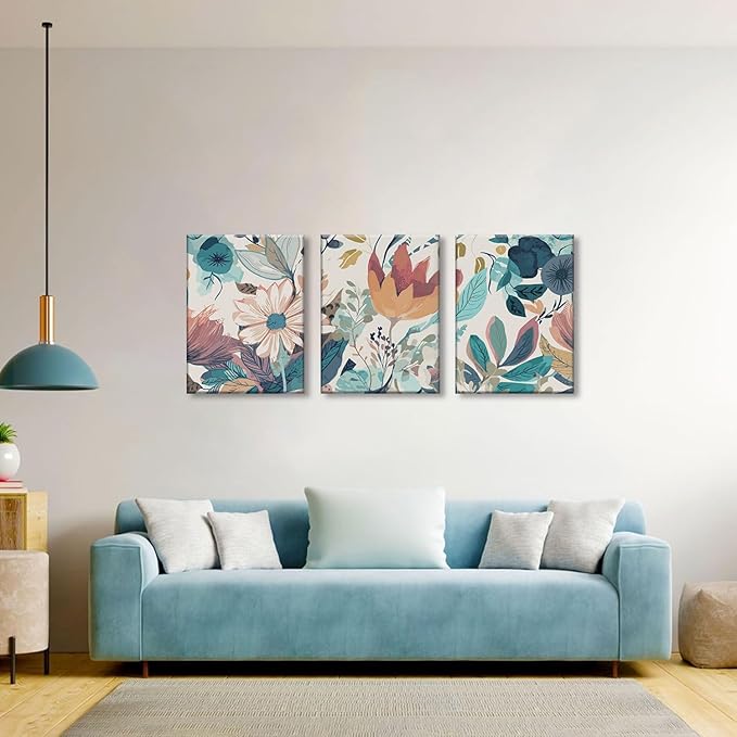 TUEASKY 3 Piece Canvas Wall Art Flower Wall Decor Botanical Pictures Floral Paintings Watercolor Prints Boho Artwork for Bedroom Bathroom Living Room