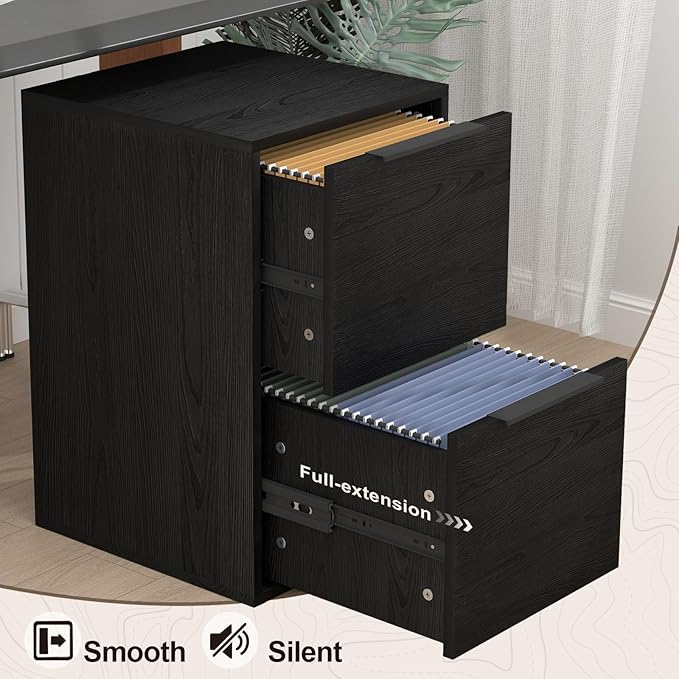 Two Drawer File Cabinet, Black Wood Filing Cabinets for Letter Size/Hanging Files, Small Under Desk File Cabinets for Home Office, Assembly Required