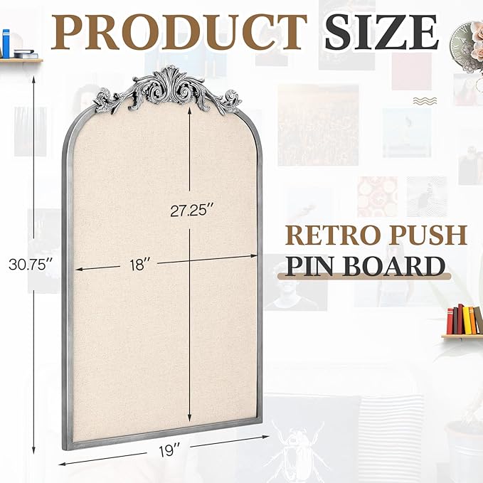 Vintage Framed Pin Board Linen Display Bulletin Board Large Cork Fabric Picture Photo Pinboard Memo Ornate Decorative Pinboard Ornate for Wall Gift(Arch,19" X 31",Silver)