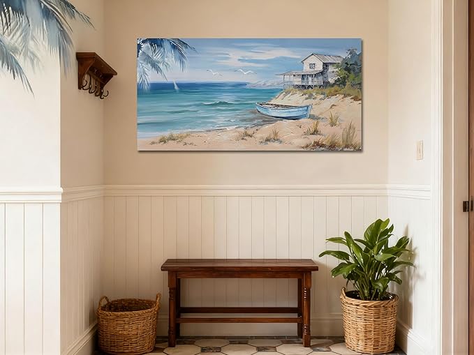 Arjun Blue Coastal Wall Art for Living Room Seascape Beach Painting Bedroom Wall Decor Ocean Picture Large Artwork Home Office Wall Decor, 40"x20"