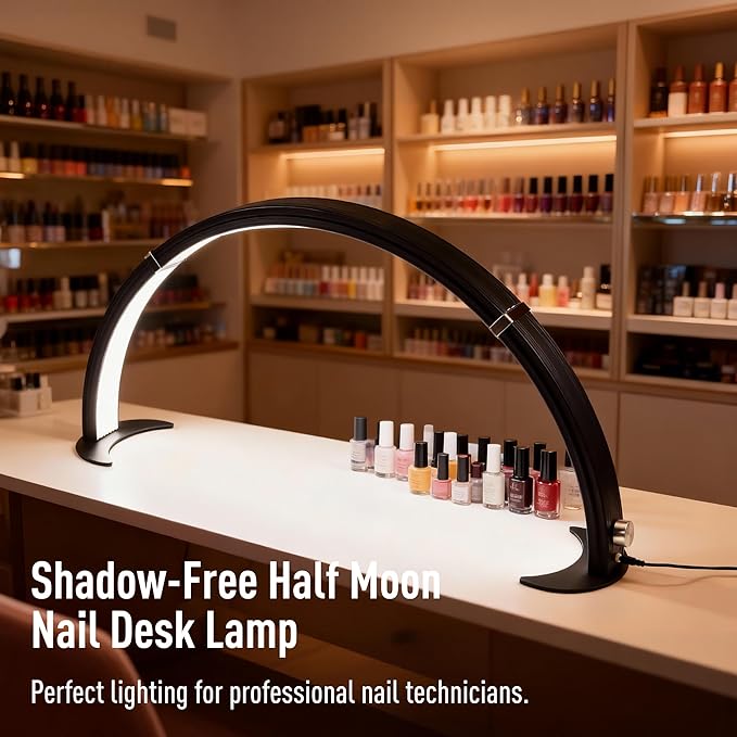 NOVAL Half Moon Desk Lamp with Phone Holder – Shadow-Free Lighting & Adjustable 3-Color Brightness, Detachable LED Nail Light for Salon Manicure Table, Black