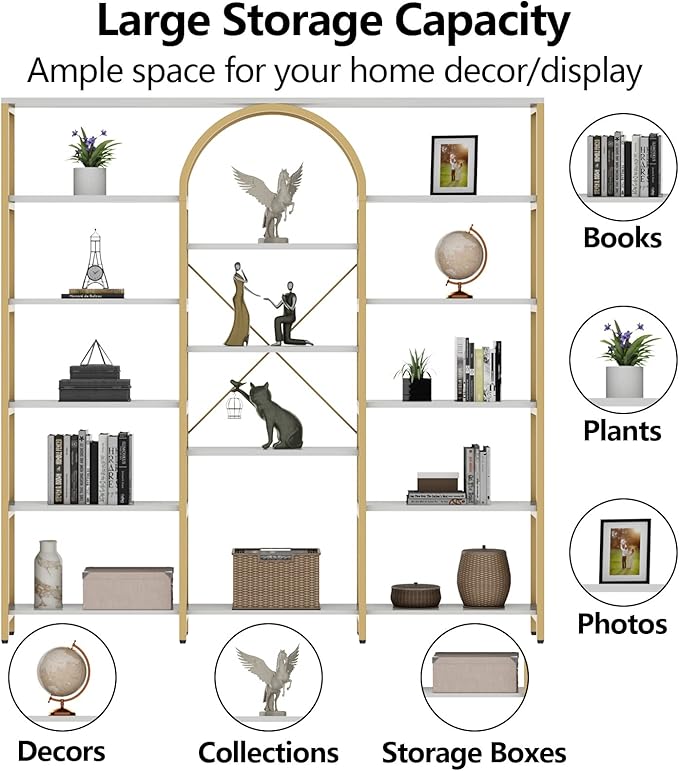Auromie Triple Wide Gold Bookshelf, 70.87" W x 71.34" H Large Modern Etagere Bookcase, Tall Display Shelf with 13-Tier Open Shelves, Freestanding Staggered Storage Shelf for Home Office, White/Gold