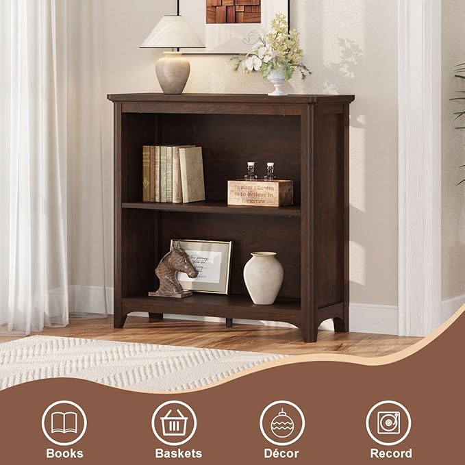BON AUGURE Wooden Bookshelf Bookcase, 2-Tier Compact Wood Book Shelf with Adjustable Display Storage Shelves, Floor Standing Book Case for Living Room, Office, Brown Cherry