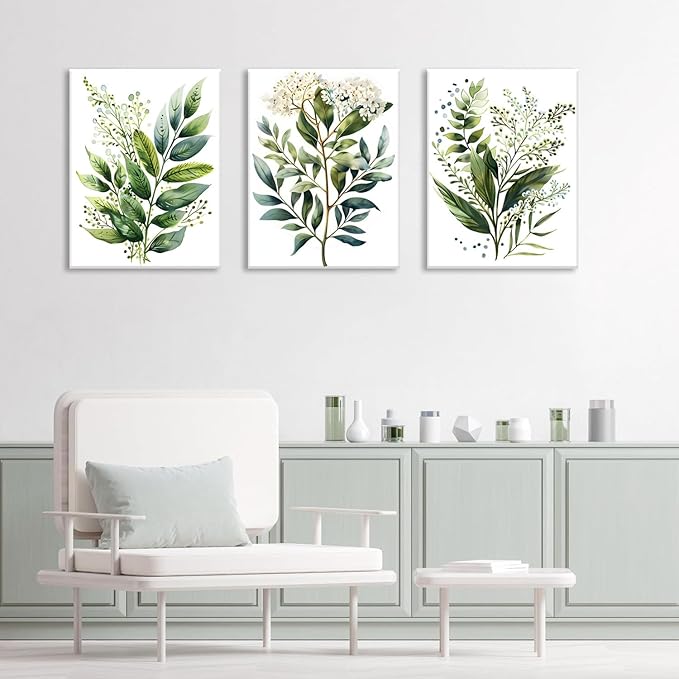 Bwodke Botanical Wall Art Plant Floral Watercolor Poster Canvas Prints Set of 3 Framed Sage Green Painting Eucalyptus Leaf Picture Modern Minimalist Home Decor Bedroom Bathroom Living Room 12"x16"