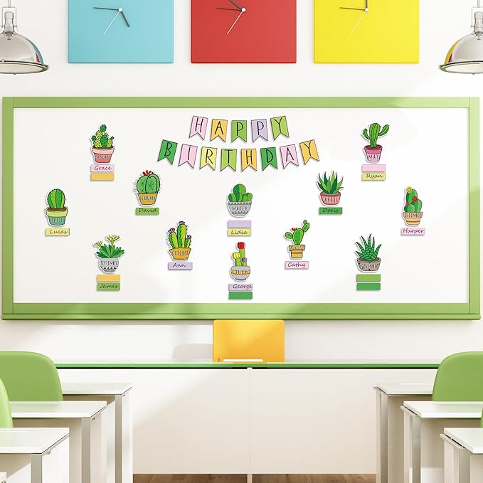 JarThenaAMCS 85Pcs Happy Birthday Bulletin Board Set Green Cactus Calendar Poster Plants Classroom Birthday Chart for Back to School Decorations