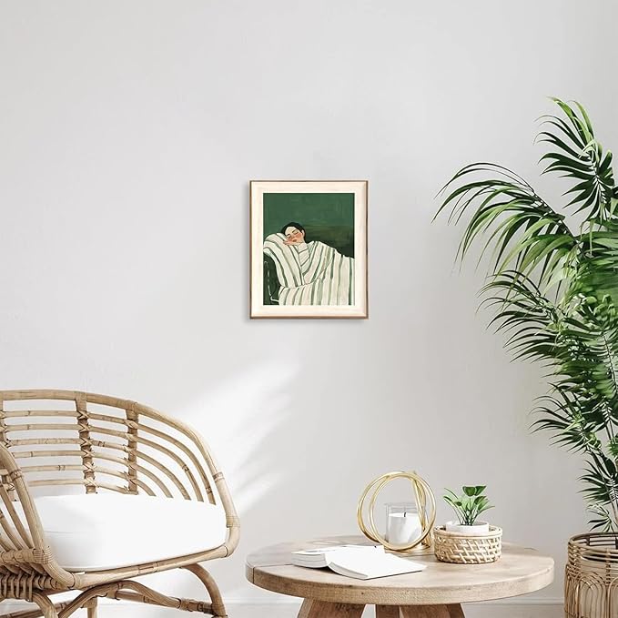 ASTRDECOR Minimalist Framed Wall Art - Cozy Woman Sleeping on Couch, Emerald Green & White Striped Blanket, Modern Aesthetic Bedroom or Living Room Décor, Eclectic Canvas Art Prints for Apartment 10x12Inch