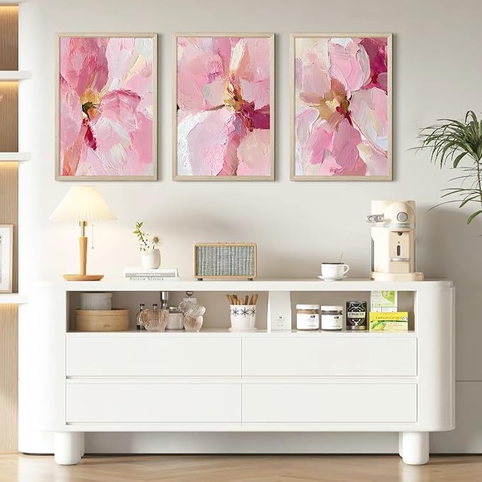 Abstract Floral Wall Art Pink Flower Canvas Pictures Modern Wall Decor Blush Pastel Pink Prints Peony Painting Minimalist Poster Botanical Artwork for Bedroom Living Room 16x24x3 Inch Wood Framed