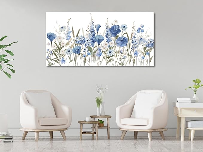 arteWOODS Elegant Flowers Wall Art - Blue White Botanical Pictures for Wall Decor Floral Blossom Canvas Painting Print Artwork for Living Room Bedroom Home Office Wall Decoration 29" x 58"