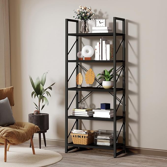 YITAHOME 5 Tiers Bookshelf, Artsy Modern Bookcase, Book Rack, Storage Rack Shelves Books Holder Organizer for Books/Movies in Living Room/Home/Office - Black