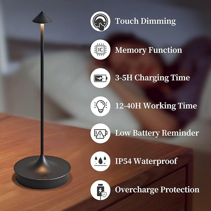 Cordless Table Lamp Rechargeable LED Battery Operated 4000mAh Table Lamp Touch Dimmable Lamp Outdoor Waterproof Portable Wireless Table Light for Dining Restaurant Bar Indoor/Outdoor Use (Black-2PC)