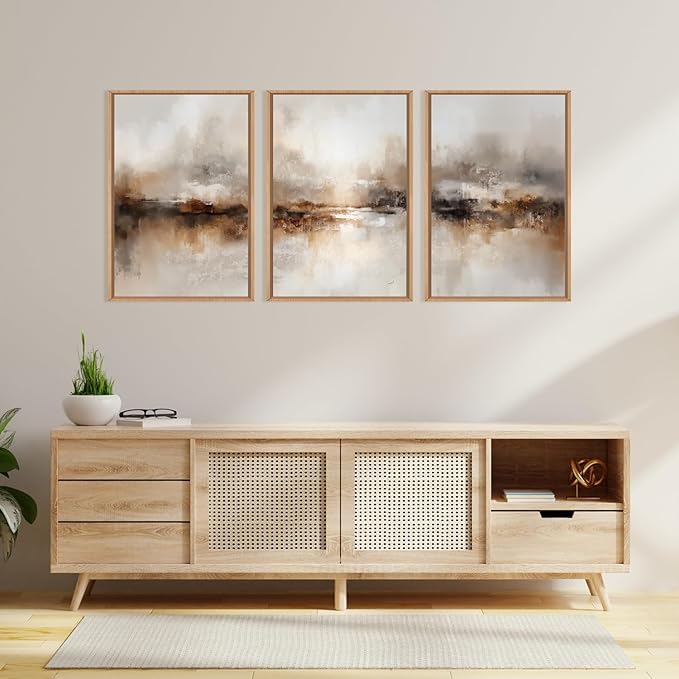 Large Abstract Brown Pastel Framed Canvas Wall Art,Neutral Black Gray Wall Decor,Modern Brush Stroke Painting,Minimalist Textured Artwork for Living Room,Bedroom,Dining Room,Office -16"x24"x3