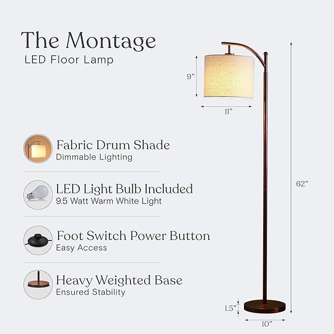 Brightech Montage LED Floor Lamp – Modern Floor Lamp for Living Rooms & Office with Arc Hanging Shade – Standing Lamp for Bedroom Reading, Mid-Century Pole Light for Farmhouse Style - Bronze