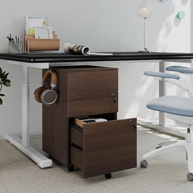 LOKO Mobile File Cabinet with 3 Drawers, Wooden Rolling Filing Cabinet with Lock, Under Desk File Organizer for A4/Letter/Legal Size, for Home Office, Study (Brown)