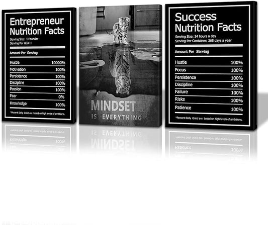 Mindset is Everything Wall Art Motivational Canvas Painting Wall Art Poster Prints Entrepreneur Bundle Set 3 Pieces Success Nutrition Facts (48" W x 24" H, Mindset)