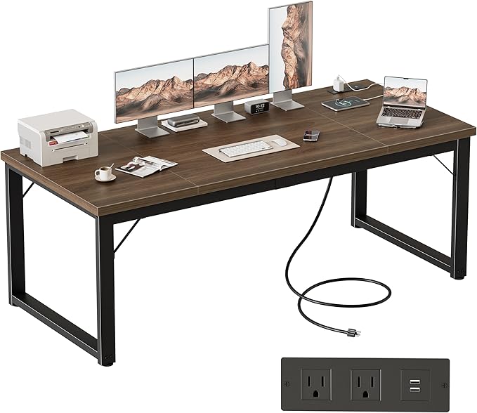 Mericonia 63 Inch Large Computer Desk with Power Outlets, 1.2" Thick Heavy Duty Industrial Office Desk, Modern Simple Study Writing Table for Home Office Bedroom Workstation, Walnut