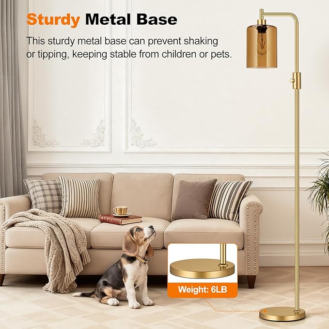 【Upgraded】Gold Dimmable Floor Lamp for Living Room with Amber Glass Lampshade, Glass Modern Floor Lamp with 900LM Bulb Included, Bright Standing Tall Lamp for Bedroom, Office, Reading Room, Corner