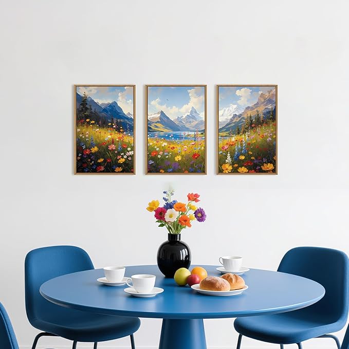 HOURIA Spring Boho Vibrant Watercolor Wildflower & Snowy Mountain Framed Canvas Wall Art Set,Colorful Floral Landscape Decor,Modern Natural Field Scenery Artwork for Living Room,Bedroom,Farmhouse-24"x36"x3