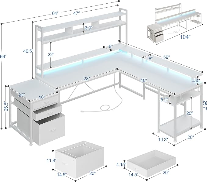 EnHomee 64 x 60 Inches L Shaped Desk with Hutch and Drawers, Gaming Desk with Power Outlet & Monitor Stand & LED Lights, Computer Corner Desk, Two Person Office Desk for Living, Gaming Room, White
