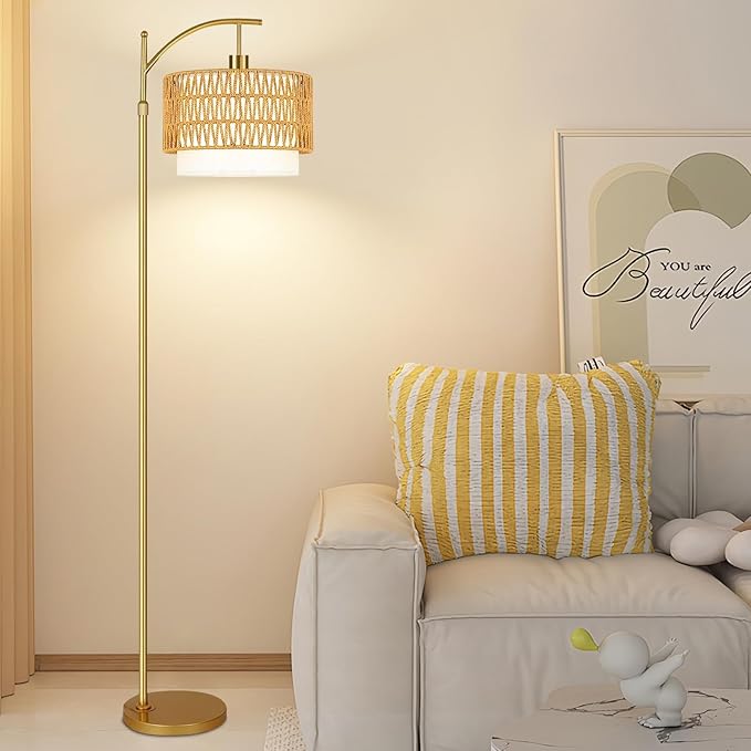 Gold Floor Lamps for Living Room Rattan Boho Floor Lamp with Remote Control & 3 Color Temperature, Dimmable Arc Floor Lamps Wicker Lamp Shades Brass Standing Lamp Tall Floor Lamp For Bedroom Corner