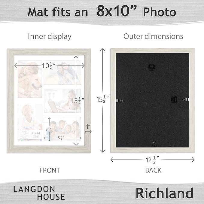 Langdon House 11x14 Almond White Collage Picture Frame w/Mat for 5-4x6 Photos, Woodgrain Style, Wall Mount Only, Richland Collection