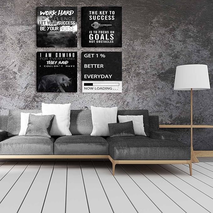 Halioyo Motivational Wall Art Decor, 4 Panel Inspirational Canvas Prints, Positive Quotes Workspace Painting Posters for Living Room Bedroom Home Office Success Wall Art, 12x12-inch