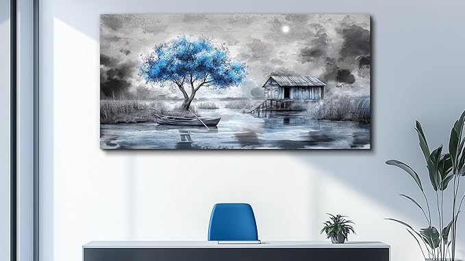 QIYILEXWART Canvas Wall Art For Living Room Large Wall Decor For Office Bedroom Decorations The Blue Tree Pictures The Hut Painting Stretched And Framed Artwork Room Ready To Hang