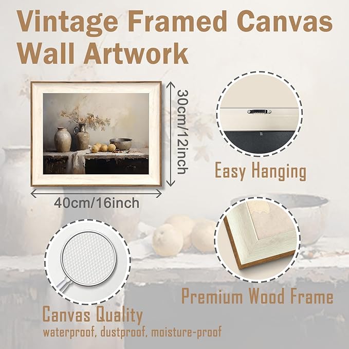 ASTRDECOR Framed Kitchen Wall Art Prints, Rustic Kitchen Farmhouse Wall Decor Living Room, Vintage Jars Still Life Oil Painting Dining Room Wall Decor, Fruits Botanical Canvas Wall Art-12''x 16''