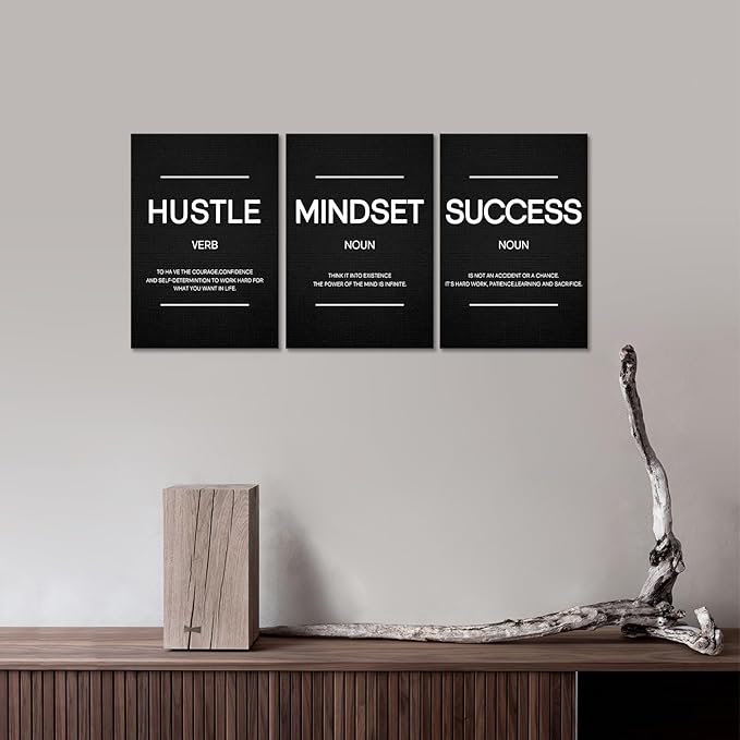 Hustle Wall Art Motivational Wall Decor Inspirational Mindset Quotes Pictures Posters 3 Pieces Framed Canvas Wall Art Prints Success Goal Artwork Home Office Wall Decor Ready to Hang