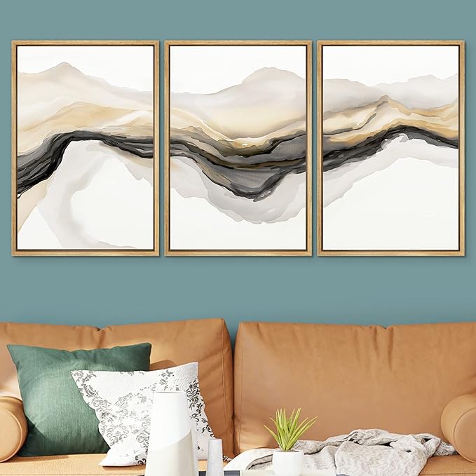 SIGNWIN Framed Canvas Print Wall Art Set Gold Gray Smoke Wave Landscape Abstract Shapes Illustrations Modern Art Decorative Contemporary Colorful for Living Room, Bedroom, Office - 24"x36"x3 Natural