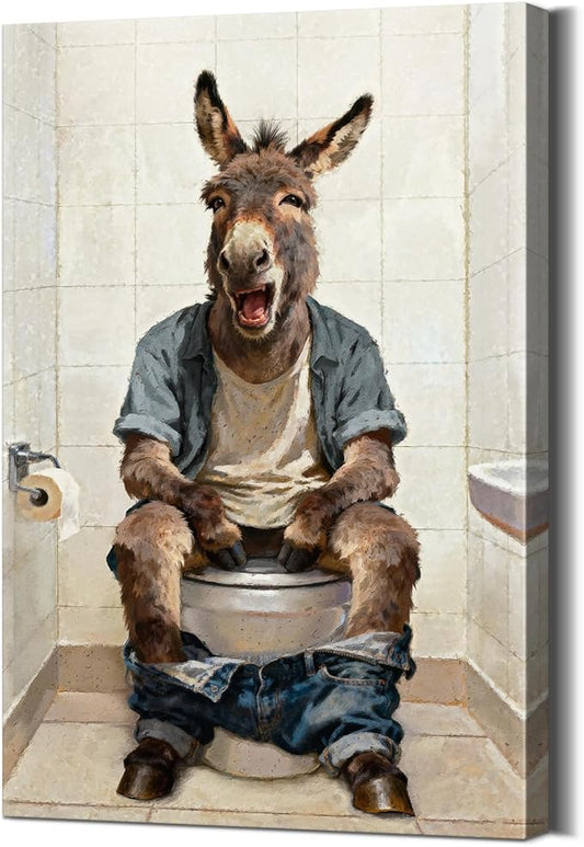 Funny Donkey Bathroom Wall Art Humorous Bathroom Pictures Wall Decor with Wooden Frame, Lightweight Donkey Sitting on Toilet Pictures Poster Animals Painting for Home Toilet Decor, 12x18 Inches