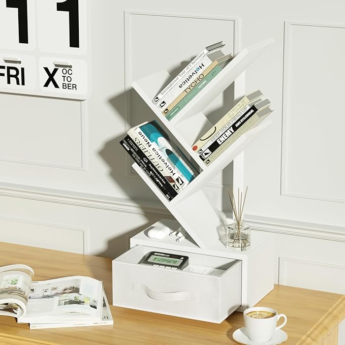 Small Bookshelf with Drawer,4 Tier Tree Book Shelf,Wood Desk Bookshelves,Modern Free Standing Desktop Display Shelves,White Floor Standing Organizer Bookcase for Living Room,Bedroom,Office