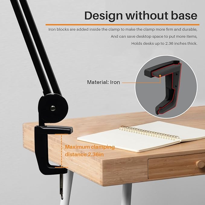 LED Architect Desk Lamp with Clamp, Metal Swing Arm 2000 Lumens Dimming Office Table Lamp for Task Work Drafting Reading Desktop, 117PCS Bright LEDs, 24W Workbench Lamp(Black)