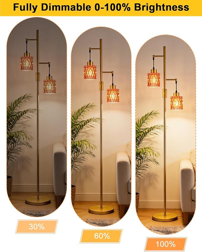 Lightdot 65IN Industrial Gold Floor Lamp for Living Room, 2- Light Rose Red Glass Floor Lamps with 3000K Warm White Bulbs, Modern Tree Standing Tall Lamp for Bedroom Office