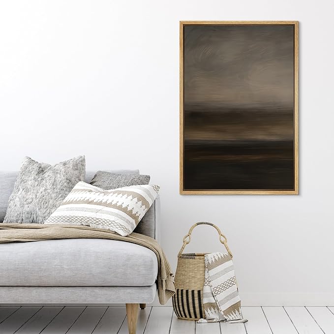 SIGNFORD Framed Canvas Print Wall Art Misty Dusk Abstract Soft Gray and Brown Layered Landscape Illustration Modern Art Decorative Chic Relax/Zen for Living Room, Bedroom, Office - 16"x24" Natural