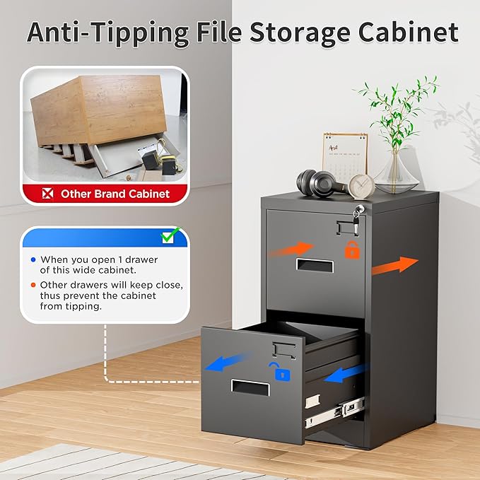 Greenvelly Metal 2 Drawer File Cabinet, Vertical File Cabinet with Lock, Locking Filing Cabinets for Home Office, Letter/Legal/A4/F4 Size/Anti-Tip (Black)