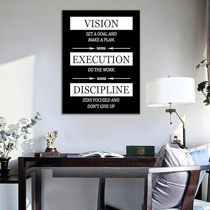 Motivational Canvas Poster Wall Art Inspirational Office Decor Vision Execution Discipline Positive Picture Painting Wall Artwork for Kitchen Teens Room Office Framed Ready to Hang [18''Wx24''H]