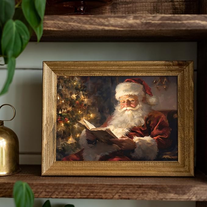 uniro Vintage Christmas Wall Art Santa Reading Book Christmas Oil Painting Printable Art Cottagecore Academia Art Christmas Decor Winter Farmhouse Holiday Wall Decor for Bedroom, Living Room, Gallery, winter Room Decor, Holiday Decoration Gifts( 8" x 1...