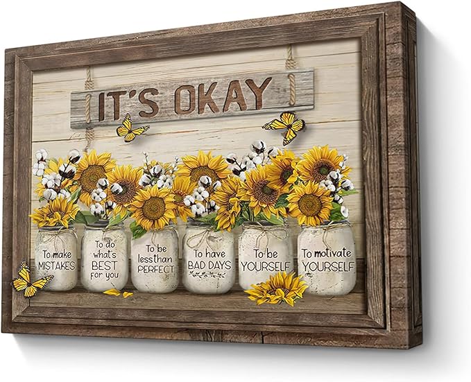 Parylore Sunflower Wall Art Canvas Print Wall Decor It'S Okay Quotes Inspirational Painting Framed Modern Artwork for Living Room Bedroom Bathroom Office Home Decor 16x24 In