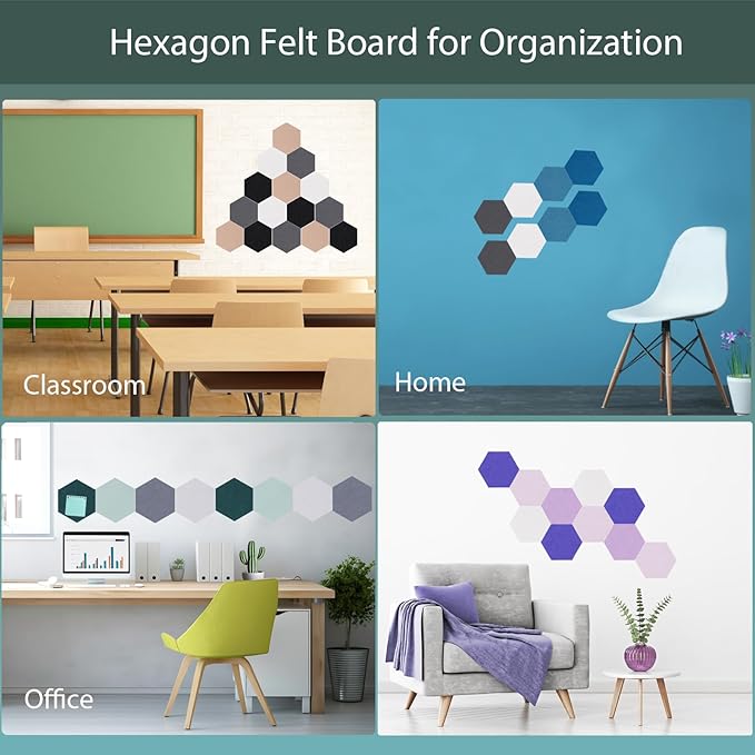 Felt Bulletin Board Tiles, 8 Pcs Hexagon Wall Tiles with Removable Adhesive, 7.9×6.9 Inch Cork Pin Board for Classroom, Home, Office (Set D, Middle)
