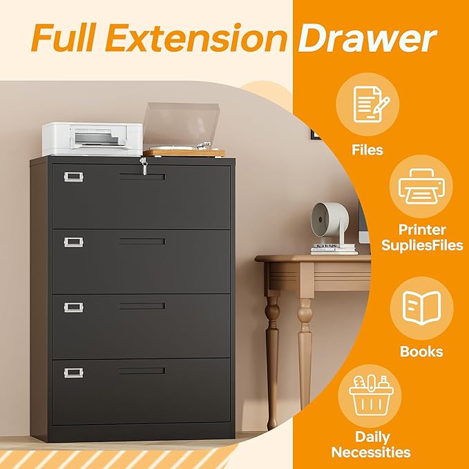 4 Drawer File Cabinet with Lock, 4 Drawer Steel Wide Filing Organization Storage Cabinets, Steel Lateral File Cabinet for Hanging Files Letter/Legal/F4/A4 Size,Assembly Required