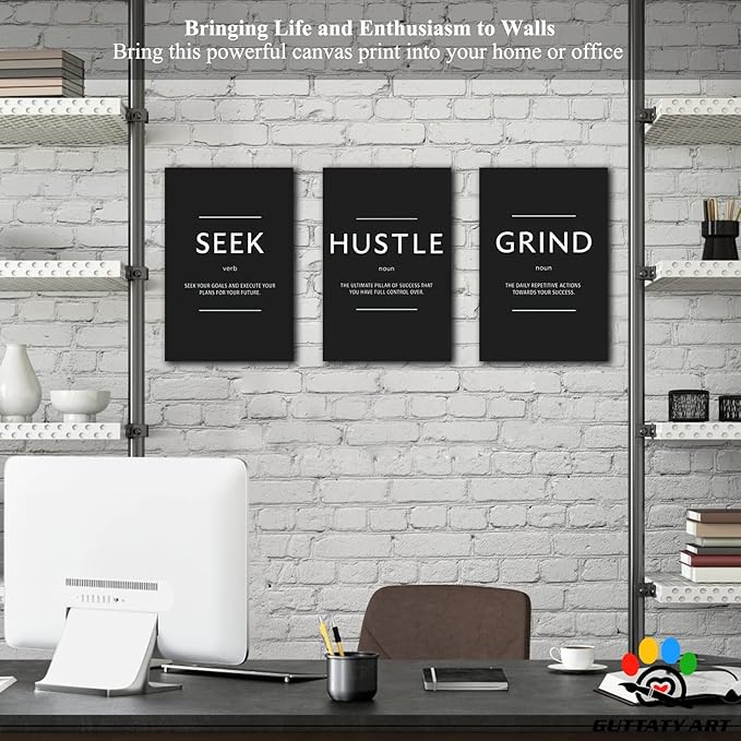 Office Wall Art - 3 Panel Motivational Wall Art, Inspirational Quotes Canvas Art for Home Office Wall Decor, Positive Quotes Wall Decor, Entrepreneur Grind Hustle Execution Poster Frame (12”x24”x3Pcs)