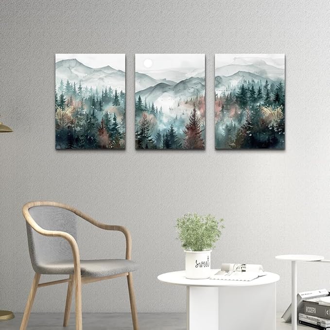 TTHYUEWS Wall Art For Living Room Farmhouse Decor For Bedroom Office Fog Forest Mountain Landscape Watercolour Paintings Artwork Ready To Hang Home Decorations 3 Piece