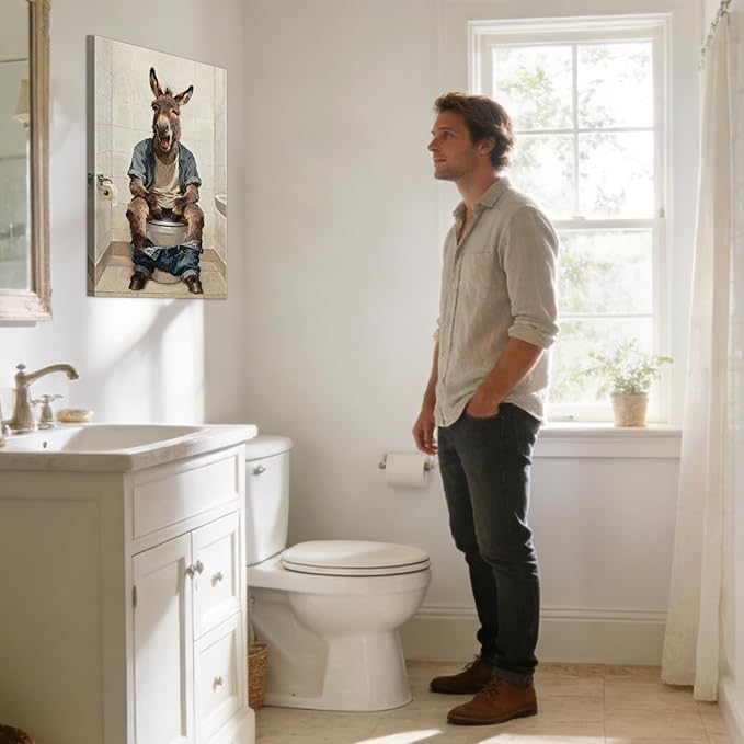 Funny Donkey Bathroom Wall Art Humorous Bathroom Pictures Wall Decor with Wooden Frame, Lightweight Donkey Sitting on Toilet Pictures Poster Animals Painting for Home Toilet Decor, 28x40 Inches