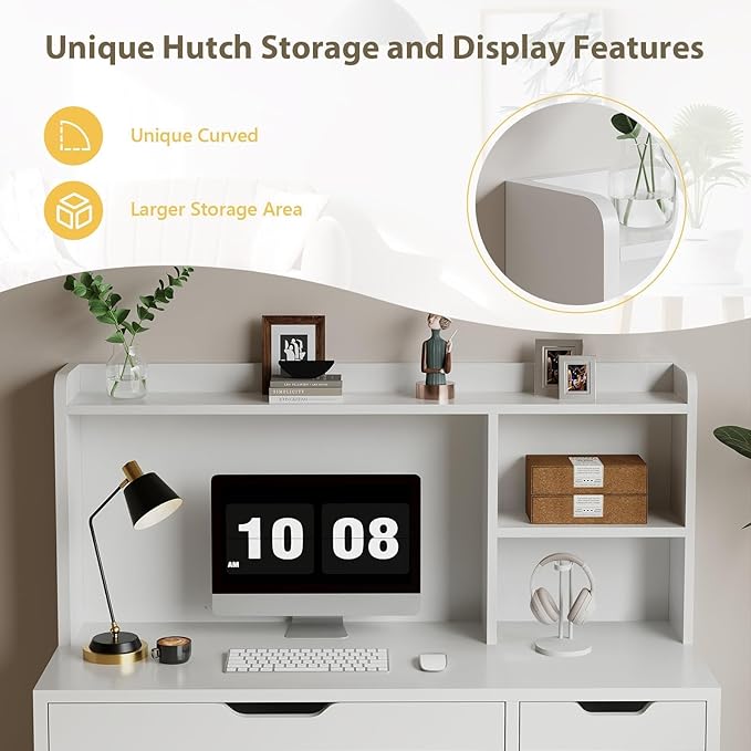 White Desk with Hutch, 53 Inch Computer Desk with Storage File Drawer, White Study Desk with 4 Drawers for Bedroom, Small Space