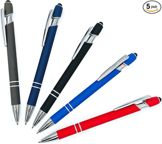 Pack of 5 Rubberized Comfort Soft Touch 2 in 1 Ballpoint Pen Capacitive Stylus Tip, Premium Metal Medium Point, Black Ink, Compatible with Most Touch Screens (Assorted)