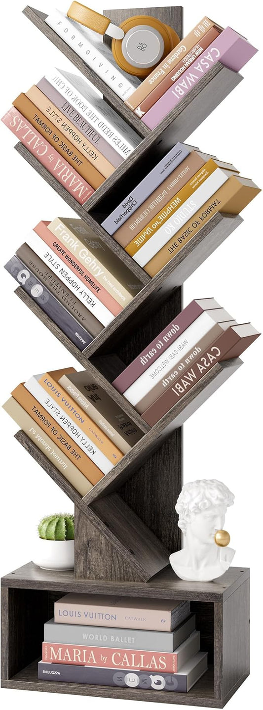 Hoctieon 6 Tier Tree Bookshelf, Tall Bookcase with Drawer, Freestanding Book Shelf, Display Floor Standing Storage Shelf, Book Organizer Shelves for Home Office, Living Room, Bedroom, Grey