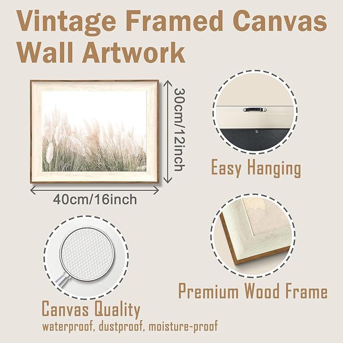 ASTRDECOR Framed Canvas Wall Art for Home Decor, Farmhouse Decor Pampas Grass Boho Wall Art Canvas Oil Painting, Rustic Neutral Wall Decor for Bedroom Living Room Gallery Bathroom - 12''x16''