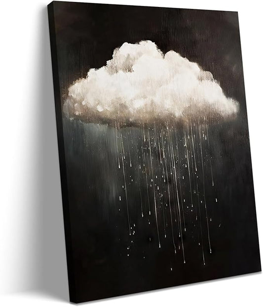 Framed Modern Abstract Canvas Prints Wall Art Vintage Rain Cloud Oil Painting Wall Art White Clouds in The Sky Nature Abstract Minimalist Home Artwork Decoration for Bedroom, Bathroom, Ready to Hang